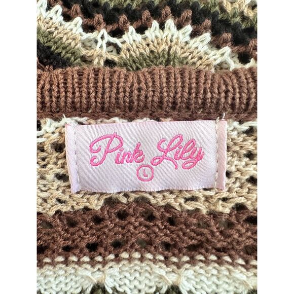 Pink Lily Crochet Knit Multi Color Bell Sleeve Dress size Large Boho Chic Style - Picture 3 of 7